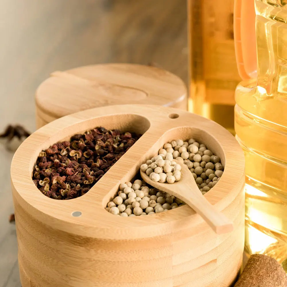 Porta Temperos Rotativo de Bambu com Colher Embutida