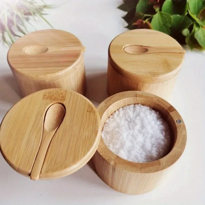 Porta Temperos Rotativo de Bambu com Colher Embutida