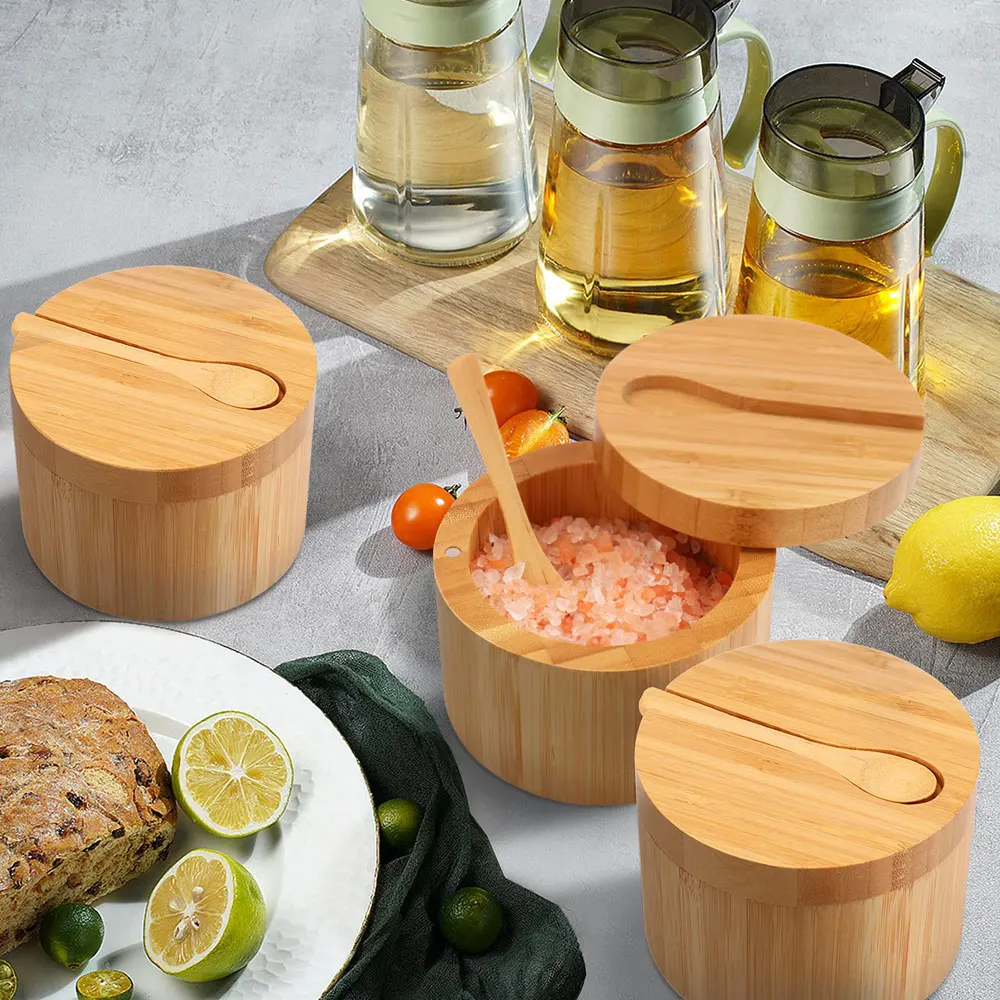 Porta Temperos Rotativo de Bambu com Colher Embutida