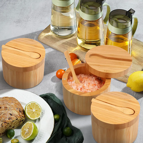 Porta Temperos Rotativo de Bambu com Colher Embutida