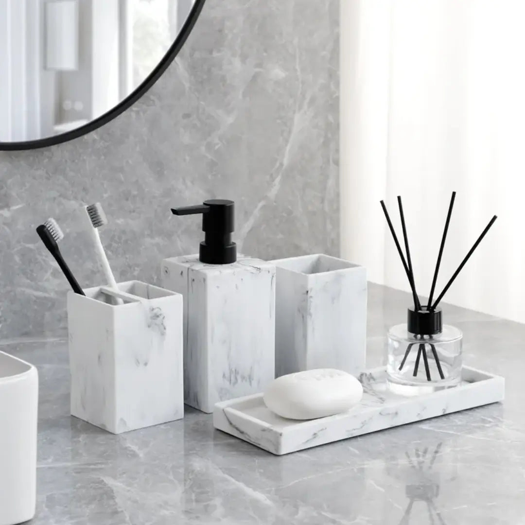 Kit Saboneteira para Banheiro Marmorizado 4 peças